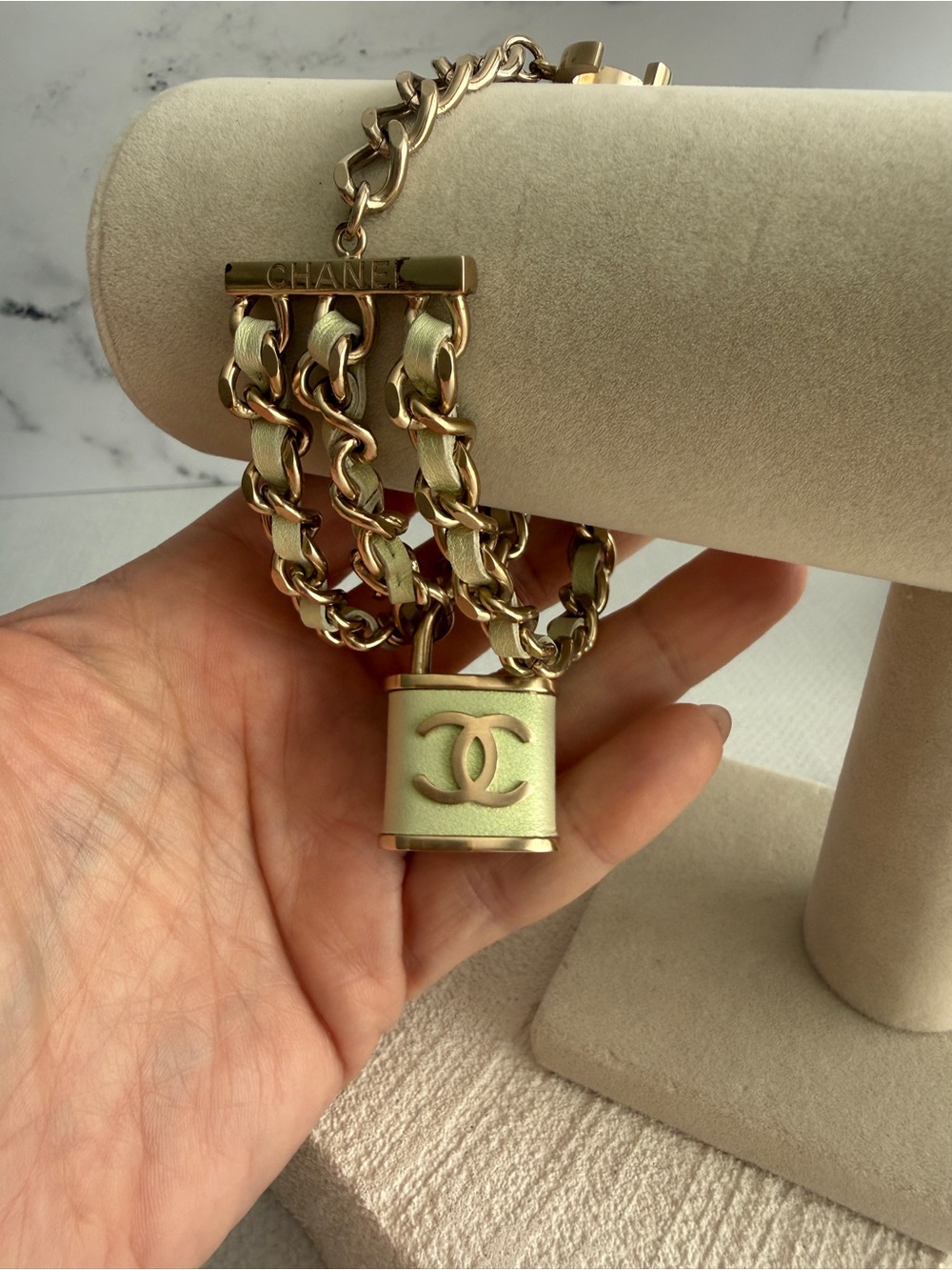 CHANEL Gold and Light Green irredescent color CC Padlock Chain Bracelet